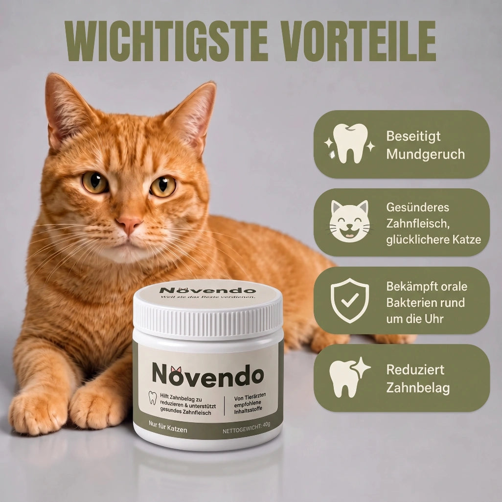 Wichtigste Vorteile von Novendo: weniger Mundgeruch, gesünderes Zahnfleisch, weniger Zahnbelag