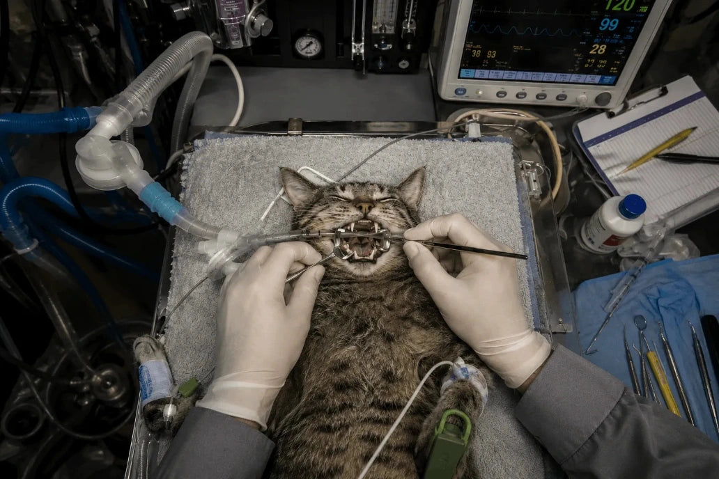Chat sous anesthésie générale pendant un détartrage