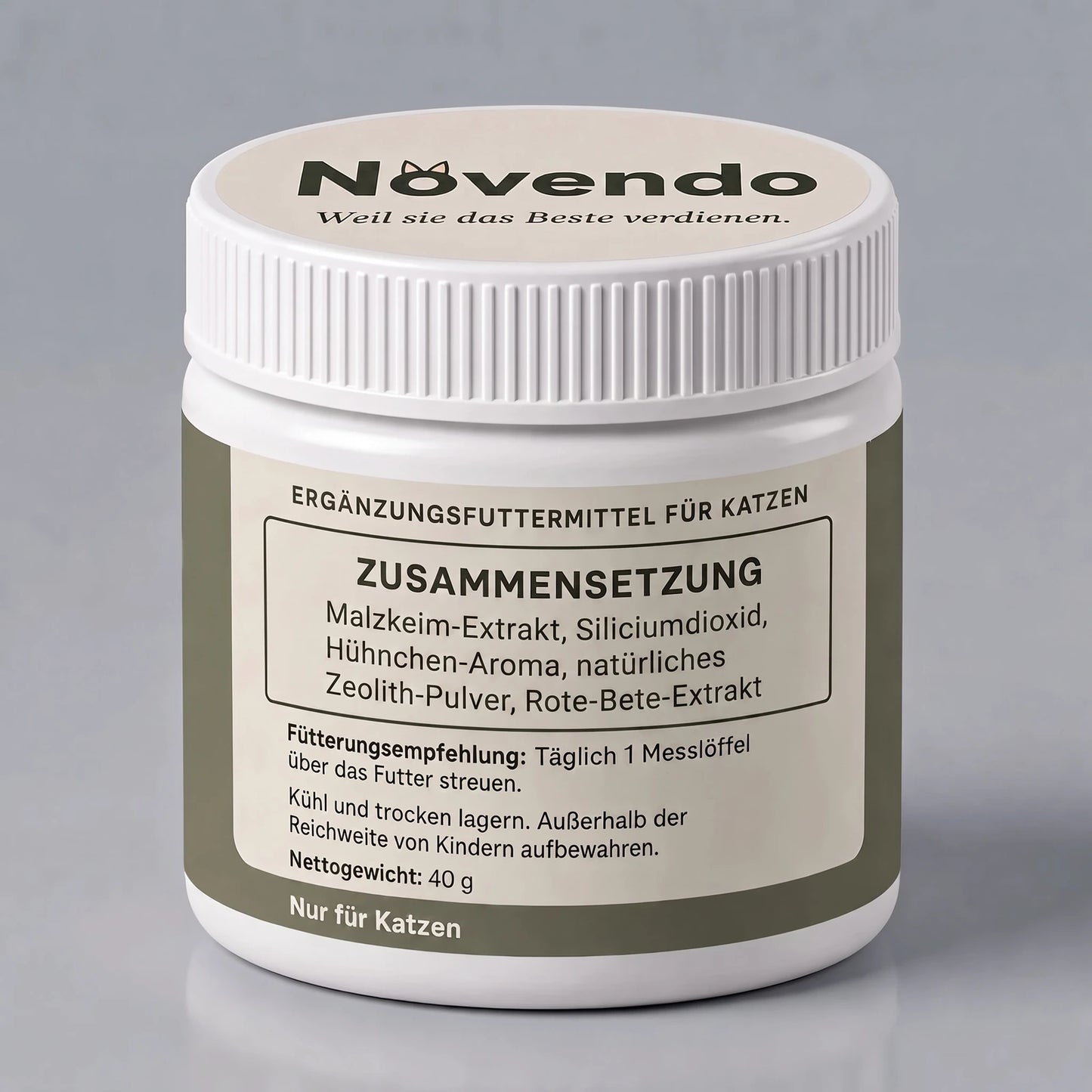 Rückseite der Novendo-Dose: Zusammensetzung, Fütterungsempfehlung, Nettogewicht 40 g