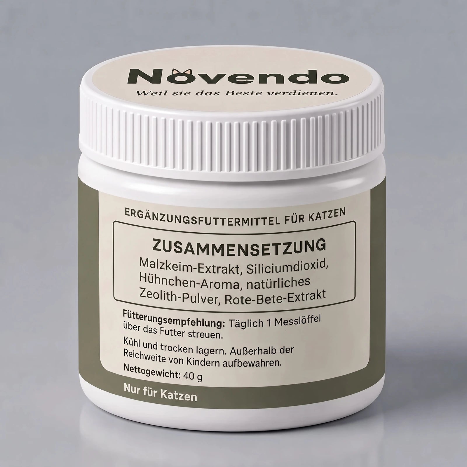 Rückseite der Novendo-Dose: Zusammensetzung, Fütterungsempfehlung, Nettogewicht 40 g
