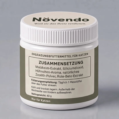 Rückseite der Novendo-Dose: Zusammensetzung, Fütterungsempfehlung, Nettogewicht 40 g