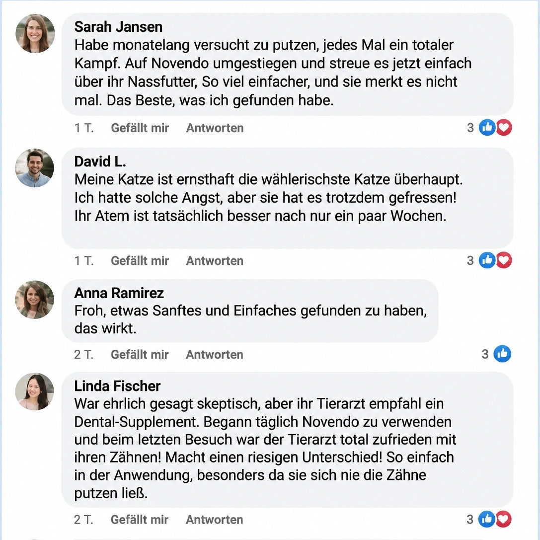 Facebook-Kommentare von Katzenhaltern über ihre Erfahrungen mit Novendo Zahnpulver