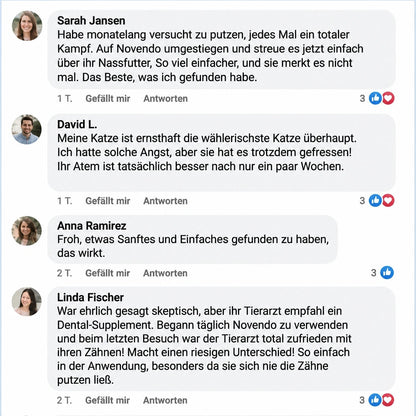Facebook-Kommentare von Katzenhaltern über ihre Erfahrungen mit Novendo Zahnpulver