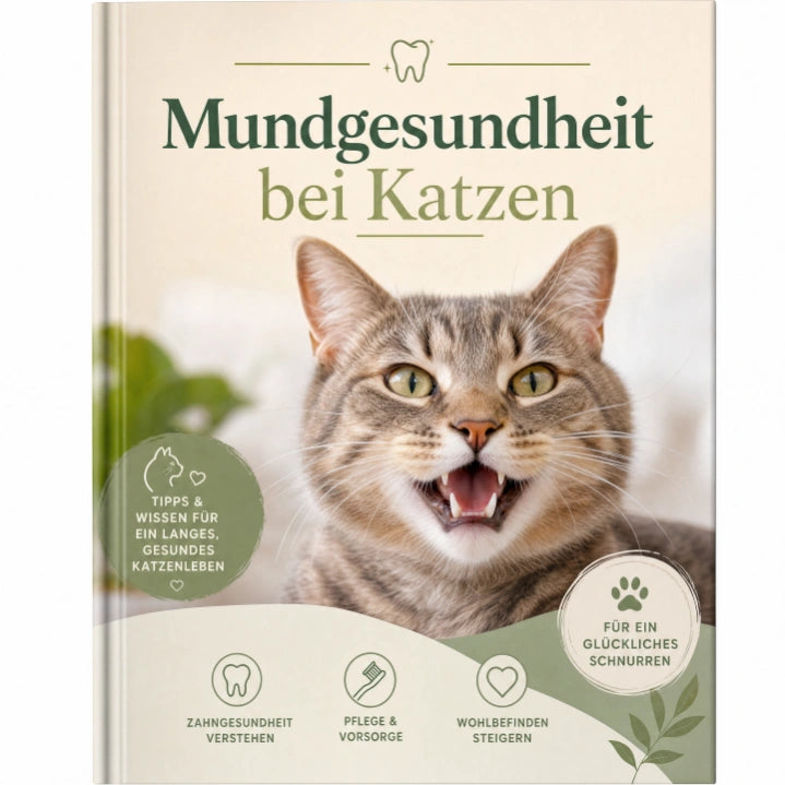 E-Book-Cover von Novendo mit getigerter Katze zum Thema Katzenzahnpflege