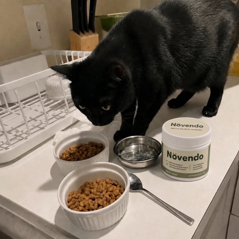 Schwarze Katze an Futternapf neben Novendo Dose