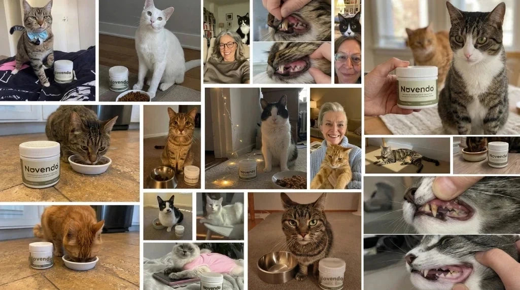 Comparatif avant et après des dents d'un chat traité avec Novendo