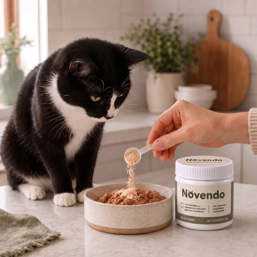 Novendo Pulver wird mit Messlöffel über Katzenfutter gestreut