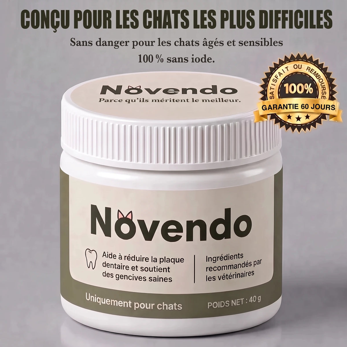 Boîte de poudre dentaire Novendo 40 g pour chat, garantie satisfait ou remboursé 60 jours