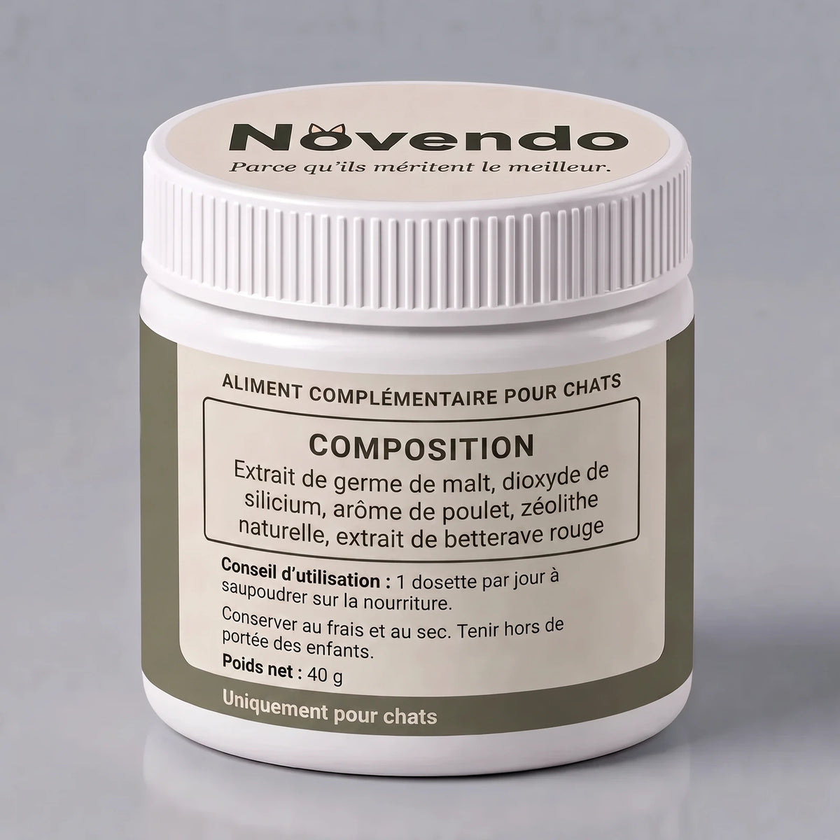 Dos de la boîte Novendo : composition, conseil d'utilisation, poids net 40 g