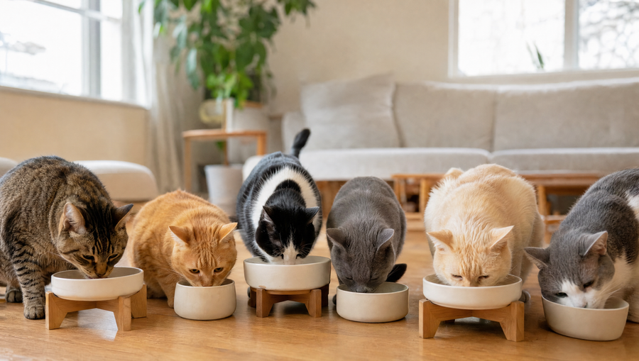 Several cats eating together