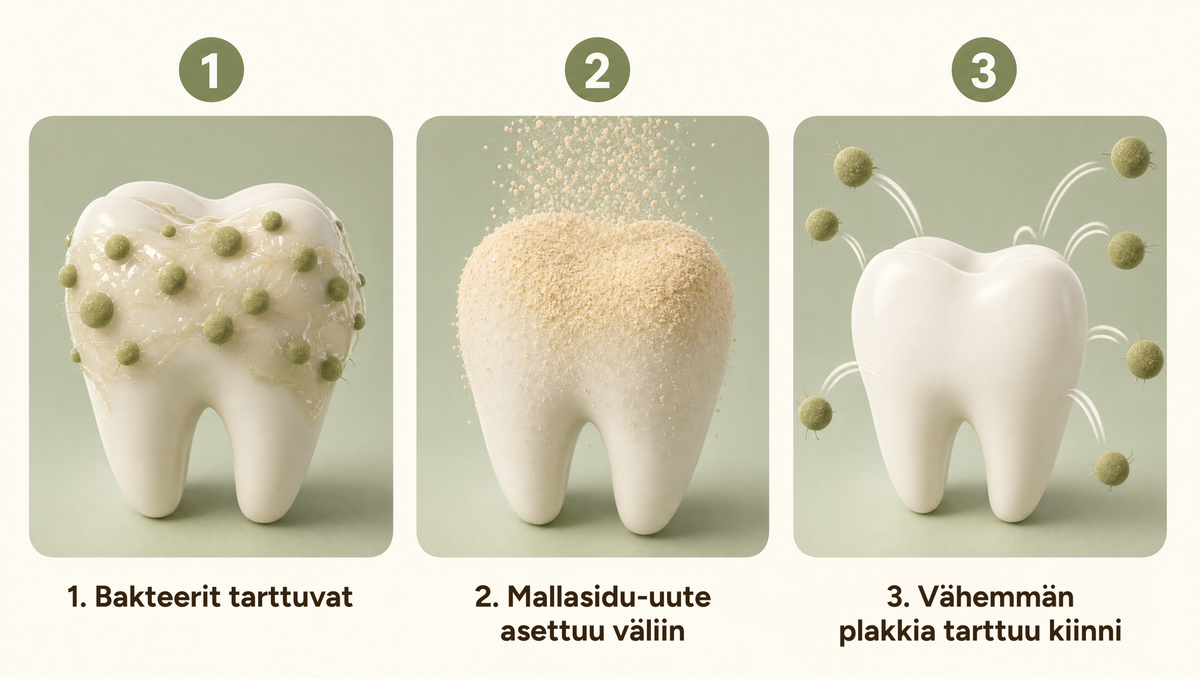 Bakteerit tarttuvat, mallasitujen uute asettuu väliin, vähemmän plakkia tarttuu kiinni