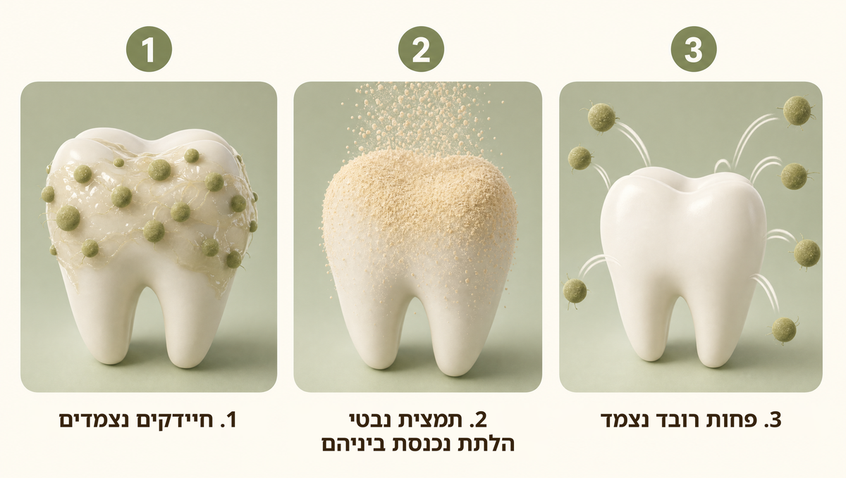 חיידקים נצמדים, תמצית נבטי הלתת נכנסת ביניהם, ופחות רובד נתפס