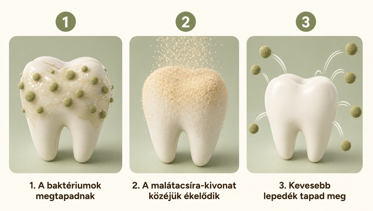 A baktériumok megtapadnak, a malátacsíra-kivonat közéjük kerül, kevesebb lepedék tapad meg