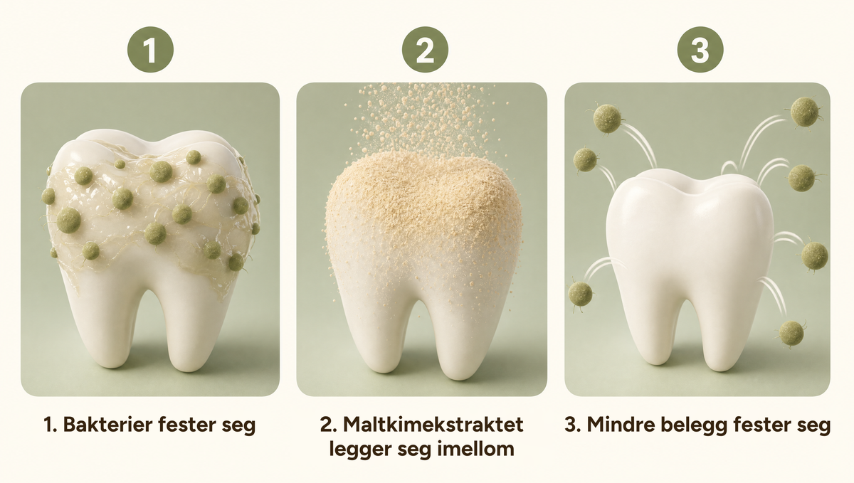 Bakterier fester seg, maltkimekstraktet legger seg imellom, mindre belegg fester seg